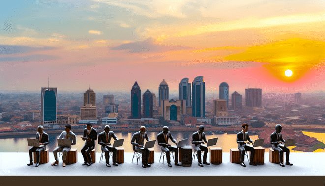 alt_text: "Vibrant Nigerian skyline with diverse business owners using tech, symbolizing affordable WordPress hosting."