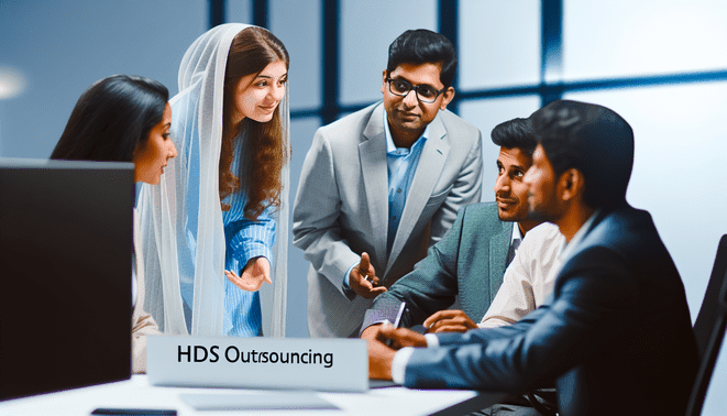 alt_text: Diverse team collaborates in a modern office, showcasing HDS Outsourcing's expertise and innovation.