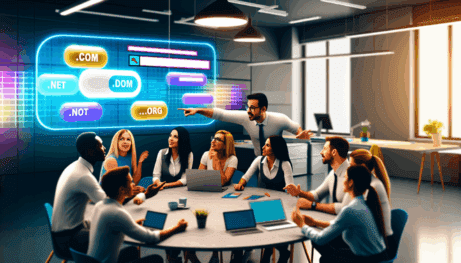 Diverse professionals discuss domain extensions in a bright office, using laptops and a digital display.