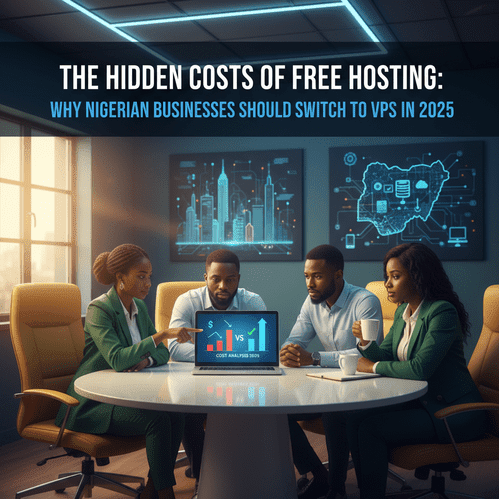 Diverse Nigerian entrepreneurs discuss hosting options in a vibrant, innovative office.
