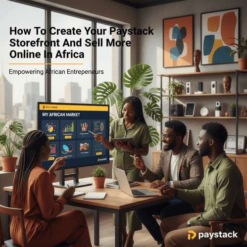 Young African entrepreneurs collaborate around a vibrant Paystack storefront display.