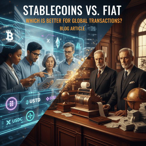 Split scene of digital crypto display with diverse professionals and traditional bank environment.