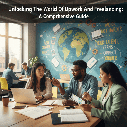 Diverse freelancers collaborating in a vibrant, modern coworking space with creative decor.