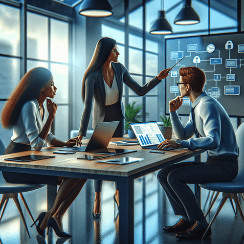 Diverse professionals collaborating on email forwarding in a modern, tech-savvy office.