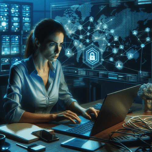 Worried woman at desk with tech gadgets, warning on screen, digital map in background.