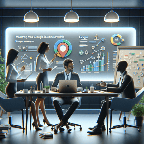 Diverse team analyzing Google Business Profile on laptop in a modern office scene.